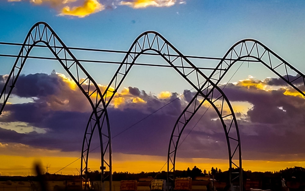 View of a Fabric structure being built at dusk