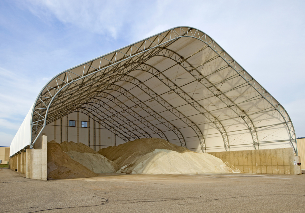 A fabric salt storage shed