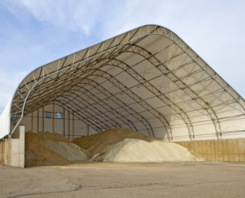 A fabric salt storage shed